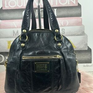 Coach Poppy Black Leather Dome Satchel with Gold Hardware